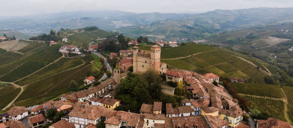 Veduta aerea di un borgo collinare con castello, case e vigne tutt'intorno