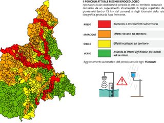 I comuni da "codice rosso" (nella mappa l'aggiornamento delle 9.45) sono quelli della Valle Bormida, al confine con la provincia di Savona, dove sono scesi 130 mm di pioggia in 24 ore