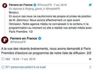Il messaggio col quale attraverso Twitter Ferrero France informava circa la propria scelta di rimuovere i propri spot dal programma di Zemmour