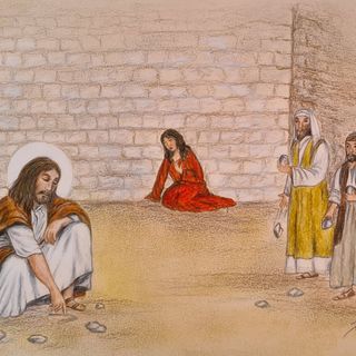 Gesù e la donna adultera nel disegno di Pinuccia Sardo