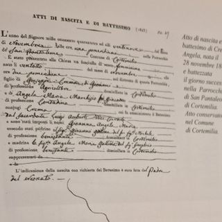 L'atto di nascita e di battesimo della bisnonna Angela Crema, nata nel 1843 a Cortemilia L'atto di nascita e di battesimo della bisnonna Angela Crema, nata nel 1843 a Cortemilia