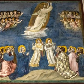 Giotto di Bondone, L’Ascensione, 1303-1305 circa, affresco, 200x185 cm, Cappella degli Scrovegni, Padova Giotto di Bondone, L’Ascensione, 1303-1305 circa, affresco, 200x185 cm, Cappella degli Scrovegni, Padova