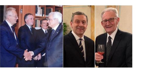 Da sinistra Beppe Ghisolfi col Capo dello Stato Sergio Mattarella; il presidente di Acri Francesco Profumo; il banchiere e scrittore Ghisolfi