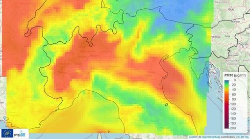 Previsione di concentrazione al suolo di media giornaliera di PM10 prevista sul nord Italia dal sistema modellistico di qualità dell’aria di Arpa Piemonte per il 06 marzo 2026. I dati previsti dal modello sono disponibili sull’appa Aria+ Piemonte