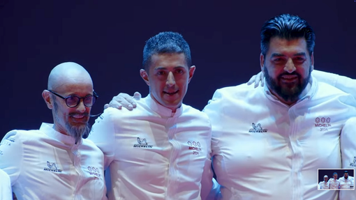 Michelangelo Mammoliti, al centro, tra Enrico Crippa e Antonino Cannavacciuolo