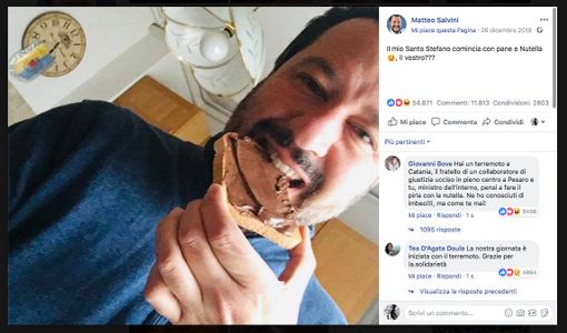 Il discusso post alla Nutella del vicepremier leghista Il discusso post alla Nutella del vicepremier leghista