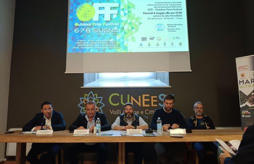 Nella foto: la presentazione alla stampa di OFF - Outdoor Free Festival. Da sinistra: il Presidente ATL del Cuneese Mauro Bernardi, l'Assessore Regionale al Commercio Paolo Bongioanni, il Sindaco di Roccaforte Mondovì Paolo Bongiovanni, l'Assessore alle Manifestazioni di Villanova Mondovì Giacomo Vinai e il Presidente del Team Marguaresi ASD nonché organizzatore del MUT Gabriele Pascon