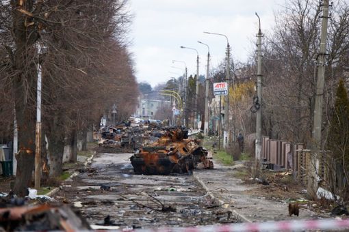 Un'immagine di Bucha, dopo la riconquista della città da parte dell'esercito ucraino