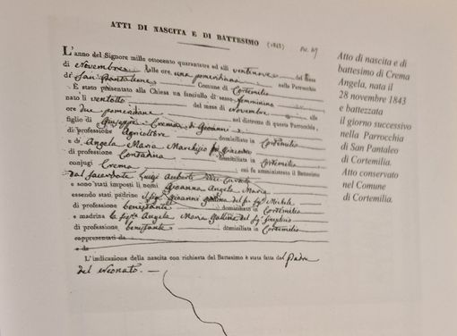 L'atto di nascita e di battesimo della bisnonna Angela Crema, nata nel 1843 a Cortemilia L'atto di nascita e di battesimo della bisnonna Angela Crema, nata nel 1843 a Cortemilia