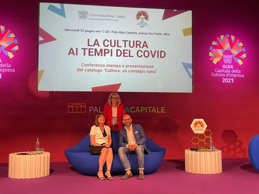 L'assessore regionale Vittoria Poggio con Giuliana Cirio e Beppe Incarbona, di Confindustria Cuneo