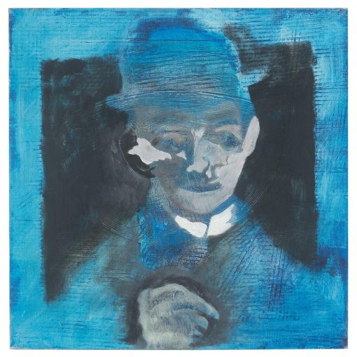 Mario Lattes, Senza Titolo [ritratto d'uomo con bombetta in blu] /[Kafka]; olio su tela, senza data, 60x60