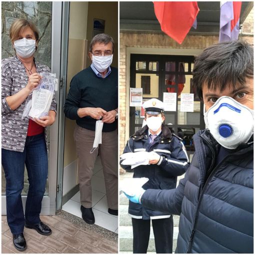 In foto a sx il personale della casa di riposo di Montà. A dx il Rotary Club Canale Roero, Fabrizio Costa, insieme alla Polizia Municipale di Canale).