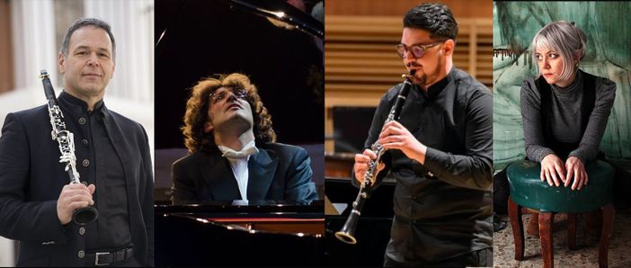 I musicisti Antonio Tinelli, Giuliano Mazzoccante, Alessio Chiulli con la pittrice Elisa Filomena