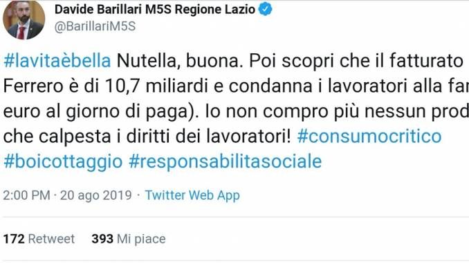 Il tweet del consigliere laziale Davide Barillari (M5S)