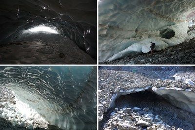 Grotte di ghiaccio nella parte sepolta del ghiacciaio di Peirabroc, Alpi Marittime, CN