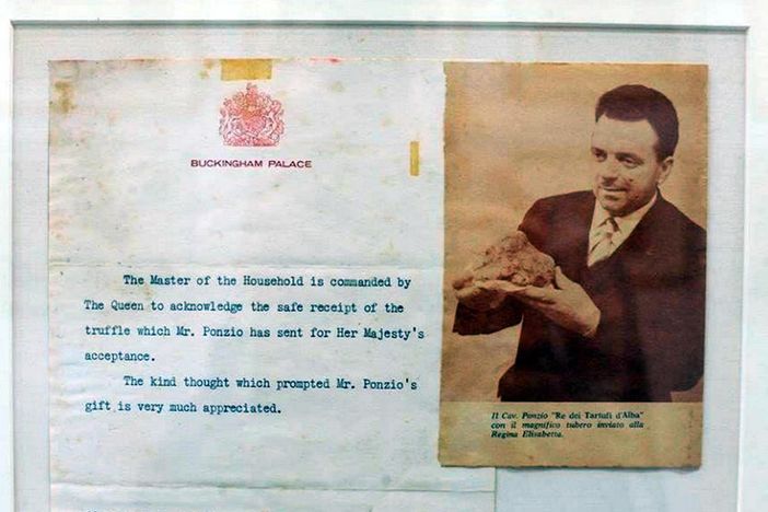 Il Comm.re Roberto Ponzio e la gratitudine della Regina Elisabetta per il tartufo bianco ricevuto nel 1959 (Foto: museotartufoalba.it) Il Comm.re Roberto Ponzio e la gratitudine della Regina Elisabetta per il tartufo bianco ricevuto nel 1959 (Foto: museotartufoalba.it)