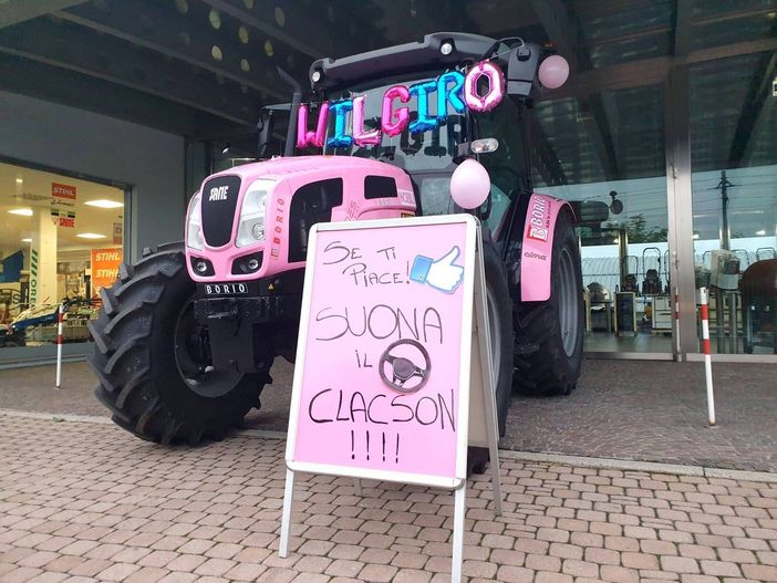 Un trattore in maglia rosa saluta da alcuni il passaggio del Giro all'ingresso albese del ponte vecchio
