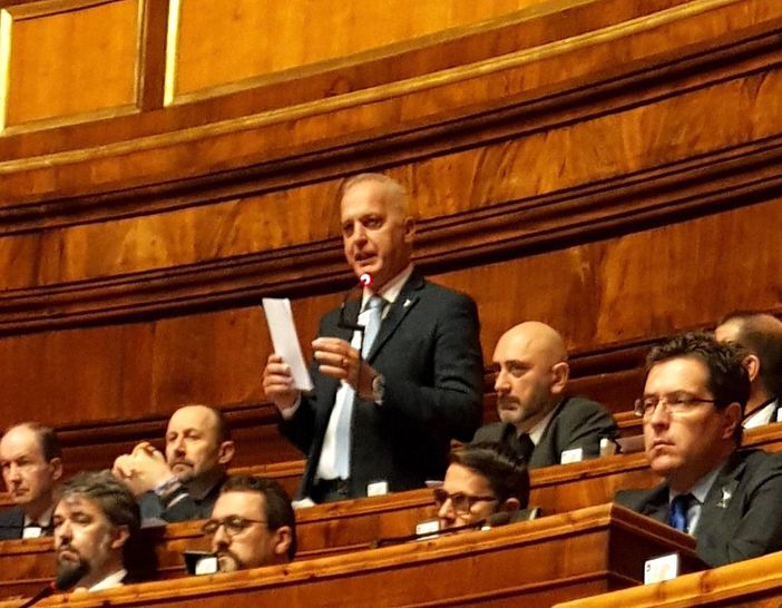 Bergesio durante un intervento in aula, al Senato