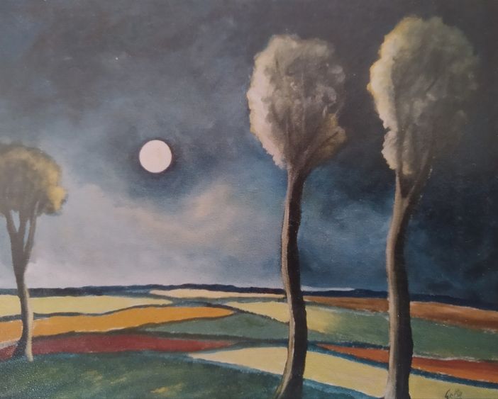 Luna piena del Raccolto, vista dal pittore braidese Franco Gotta Luna piena del Raccolto, vista dal pittore braidese Franco Gotta