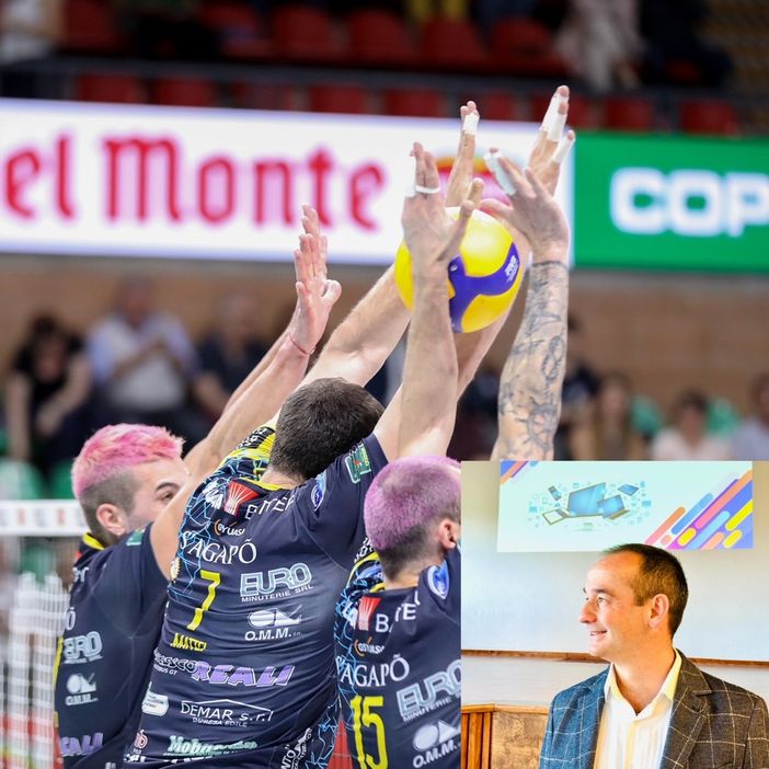 Un bel muro dei giocatori di Grottazzolina durante la prima semifinale (Foto: Valerio Giraudo). Nel riquadro: Marco valle, titolare Granda Lab