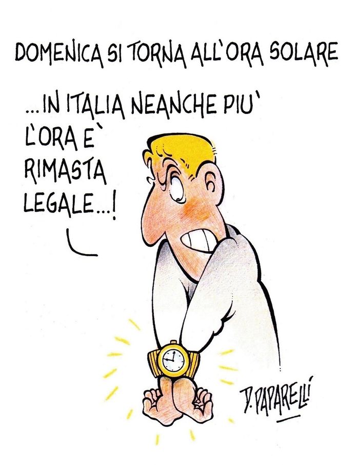Il Grande Inganno delle lancette nella vignetta di Danilo Paparelli