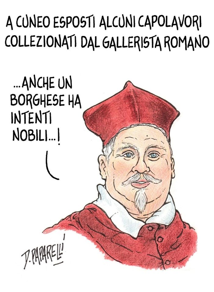 La vignetta di Paparelli celebra la mostra con le opere della Galleria Borghese di Roma