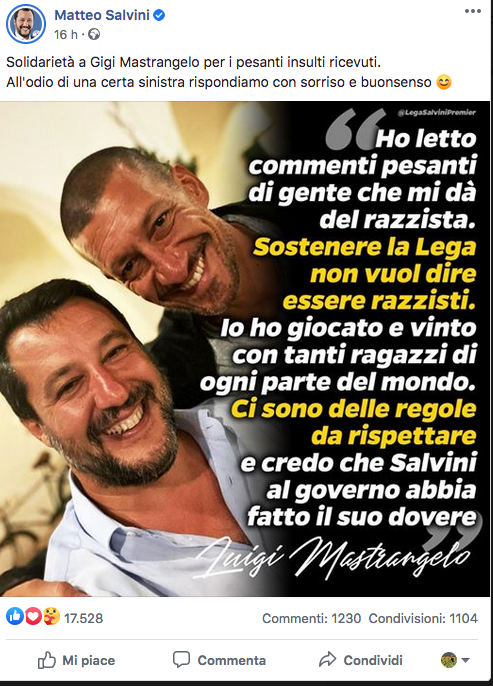 Luigi Mastrangelo: "Razzista perché ho stima di Salvini? Ho giocato e vinto con atleti di ogni parte del mondo" Luigi Mastrangelo: "Razzista perché ho stima di Salvini? Ho giocato e vinto con atleti di ogni parte del mondo"