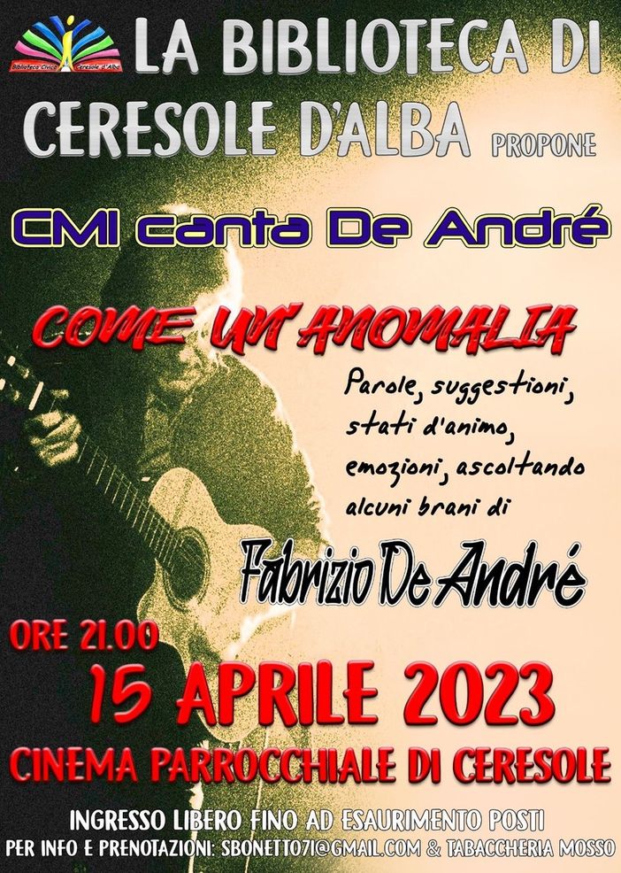 Ceresole d'Alba, al teatro parrocchiale un concerto dedicato a Fabrizio De Andrè