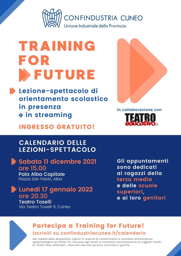 Confindustria Cuneo: continuano le lezioni-spettacolo "Training for Future" Confindustria Cuneo: continuano le lezioni-spettacolo "Training for Future"