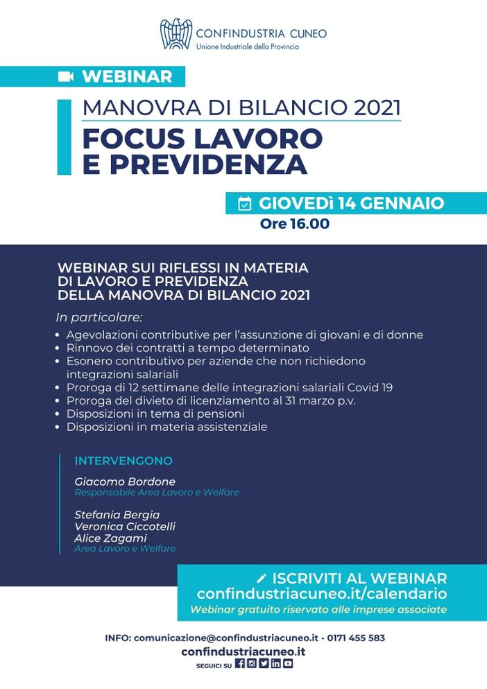 La Legge di Bilancio 2021 spiegata alle aziende: due webinar gratuiti alle associate di Confindustria Cuneo La Legge di Bilancio 2021 spiegata alle aziende: due webinar gratuiti alle associate di Confindustria Cuneo