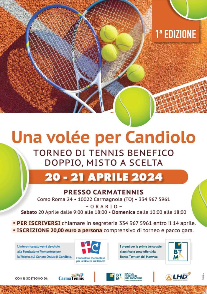 “Una Volée per Candiolo”, al via la prima edizione del torneo benefico di Tennis a Carmagnola