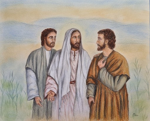 “Gesù tra Giacomo e Filippo”, disegno dell’artista braidese Pinuccia Sardo
