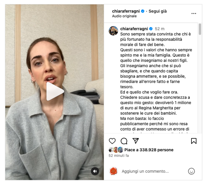 Ferragni sul caso del pandoro Balocco: "Chiedo scusa, donerò un milione di euro al Regina Margherita" Ferragni sul caso del pandoro Balocco: "Chiedo scusa, donerò un milione di euro al Regina Margherita"