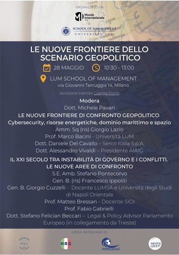 Relatori d’eccezione, analisti di intelligence e geopolitica, sabato 28 maggio alle 10.30 alla LUM School of Management in Villa Clerici a Milano
