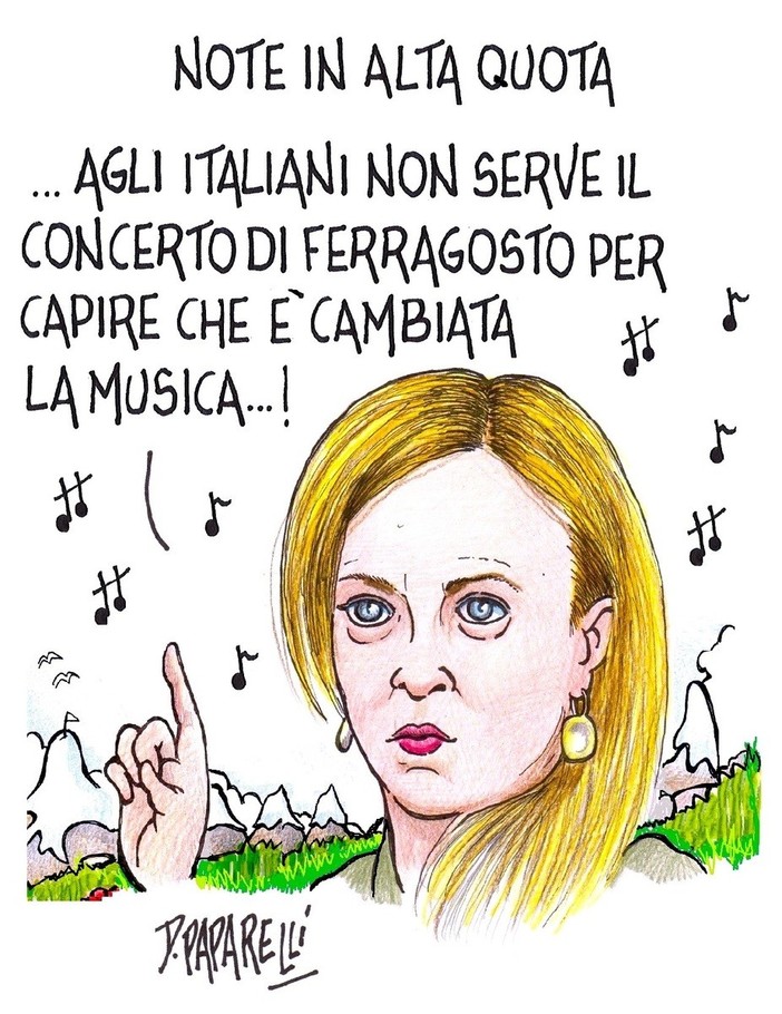 Meloni, il concerto di Ferragosto e la musica che cambia: la nuova vignetta di Danilo Paparelli