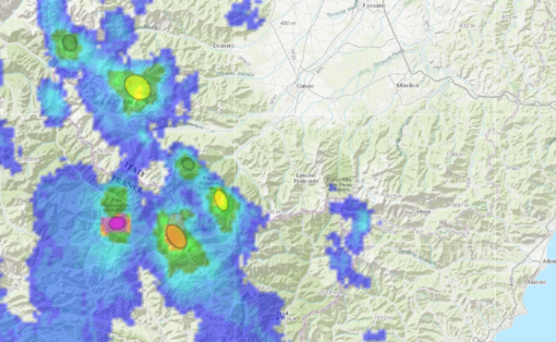 La situazione immortalata dai radar di Arpa Piemonte alle 15.55 di oggi, domenica 31 maggio