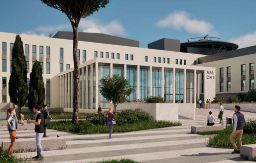 Un render del progetto del nuovo ospedale di Savigliano, Saluzzo e Fossano