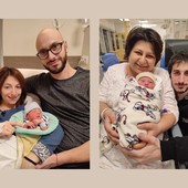 A sinistra Ethan, ultimo nato del 2021 a Verduno, con mamma Mariella e papà Manuel. A destra Mattia, figlio di Silvia e Luca, primo nato del nuovo anno