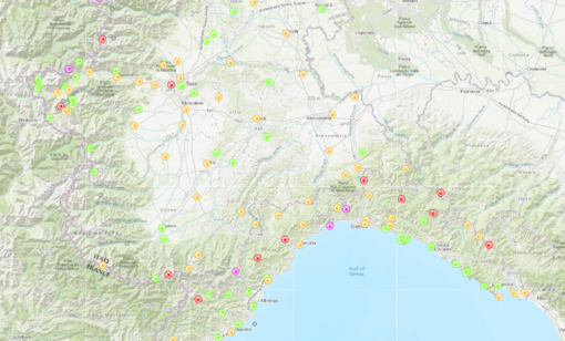 Nella mappa di Arpa la rilevazione dei forti venti registrati da ieri sulla nostra provincia