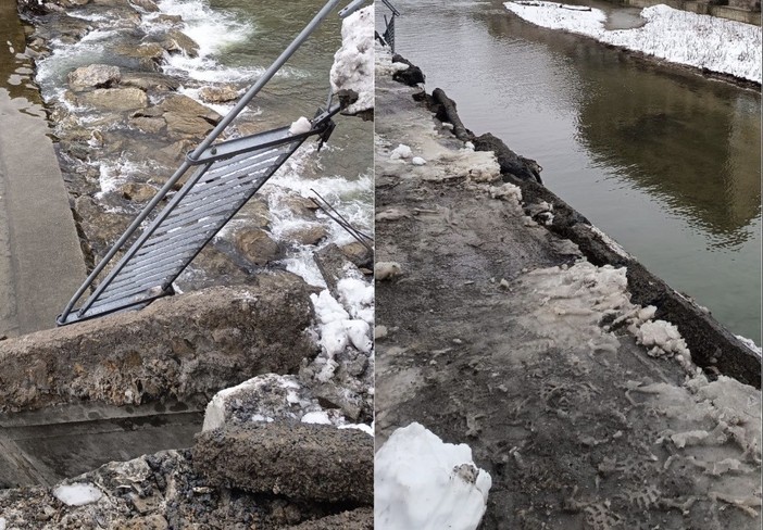 Ceva, crolla porzione di marciapiede lungo il Cevetta