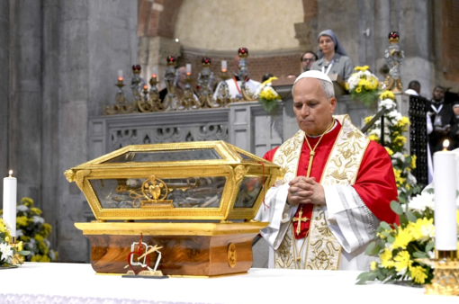 Leone XIV davanti alle reliquie del Santo di Ippona, a Pavia (Foto Vatican Media)