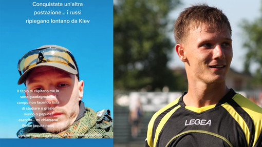 A sinistra Ivan Vavassori dal profilo TikTok racconta la guerra in Ucraina. A destra Vavassori quando era portiere del Bra (stagione 2013-2014)
