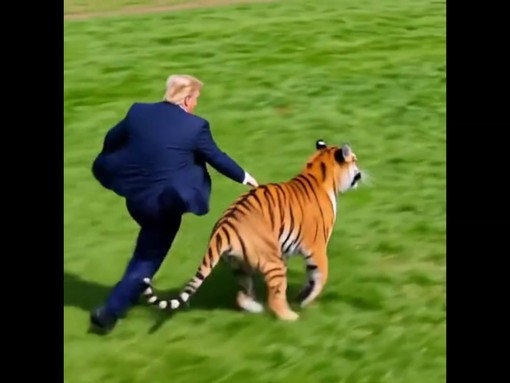 Trump, la lotta e l'abbraccio con la tigre: il tycoon posta la parodia AI della tragedia in Uk