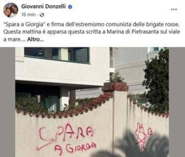 Donzelli pubblica foto scritta su muro: &quot;'Spara a Giorgia' a firma Br, non ci fermeremo&quot;